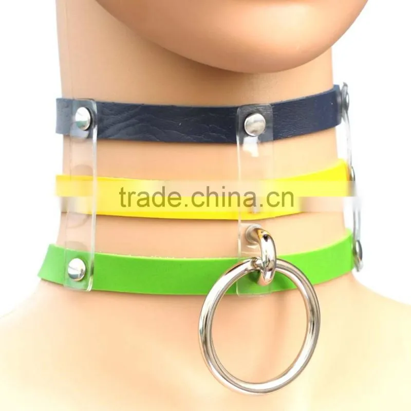 Punk Goth Rivets Choker Handmade Three Row Caged Necklace black Leather Big O Round Choker Collar Necklace Fashion jewelry