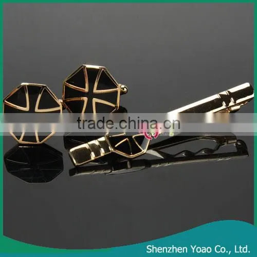 Fashion Cufflink And Tie Pin Set Golden Enamel 2