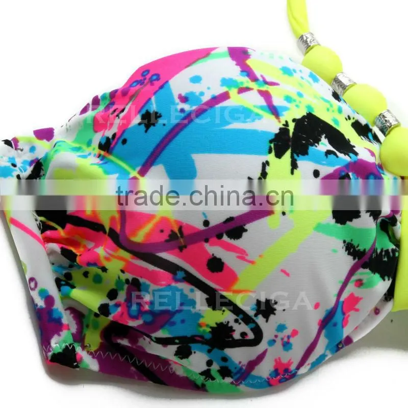 Wholesale Swimwear! Doodle Push-Up Bandeau Young Sexi Girl Bikini Swimwear Model with Neon Yellow Neck Ties by RELLECIGA