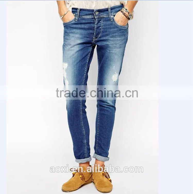 2015 China supplier Wholesale Cheap woman girls high quality distressed broken holes straight rolled skinny denim jeans