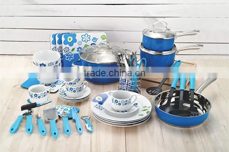 59 pcs hot blue cooking pot and pan stainless steel non-stick ceramic cookware