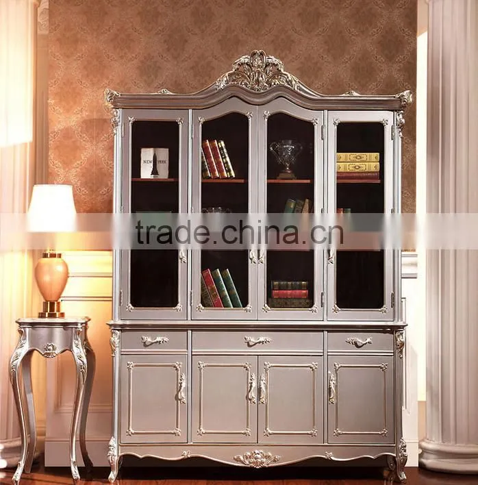 European Style Luxury Executive Office Desk, Classic Wood Carving Writing Table, Silver Foil Home Office Furniture (BF01-ML019)