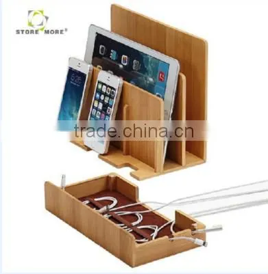 Bamboo Multi Device Cord Organizer Stand and Charging Station for Phone and Tablets