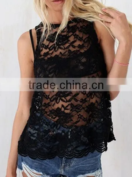2015 wholesale low price sleeveless Sheer Lace Cutout open Split Back see through Top vest blouse