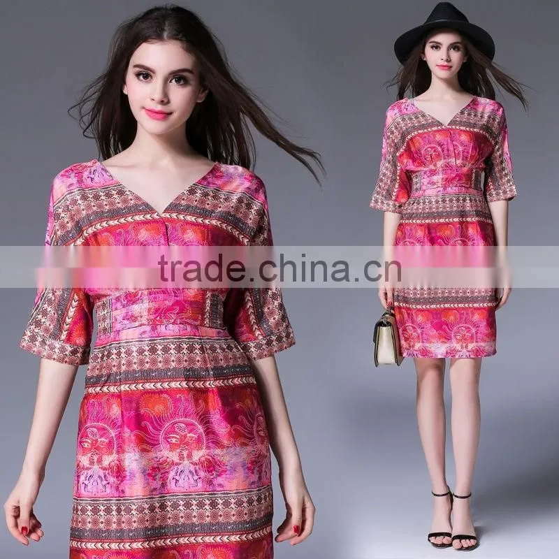 Women Short Sleeve V Neck National Printed Satin Mini Dress Ladies Loose Vintage Design Of Dress