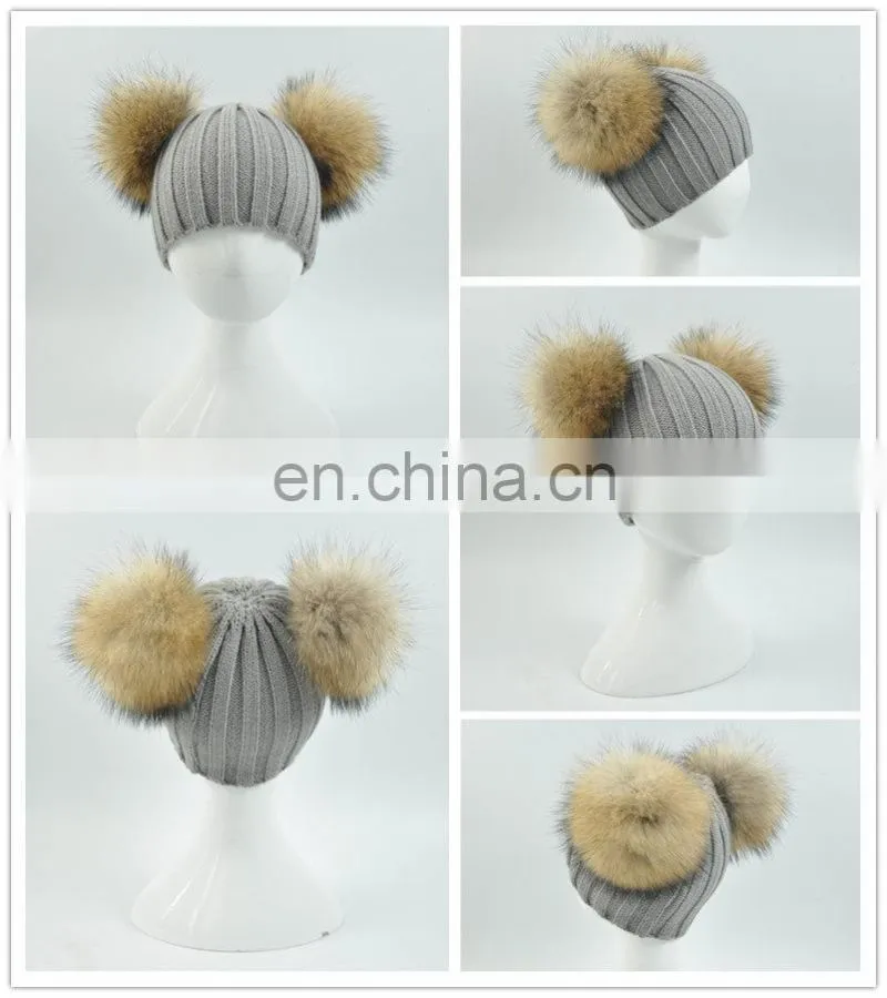 Wholesale Fashion Cheap kids Knitted Hats Real Fur Two Poms Kids Hat Winter