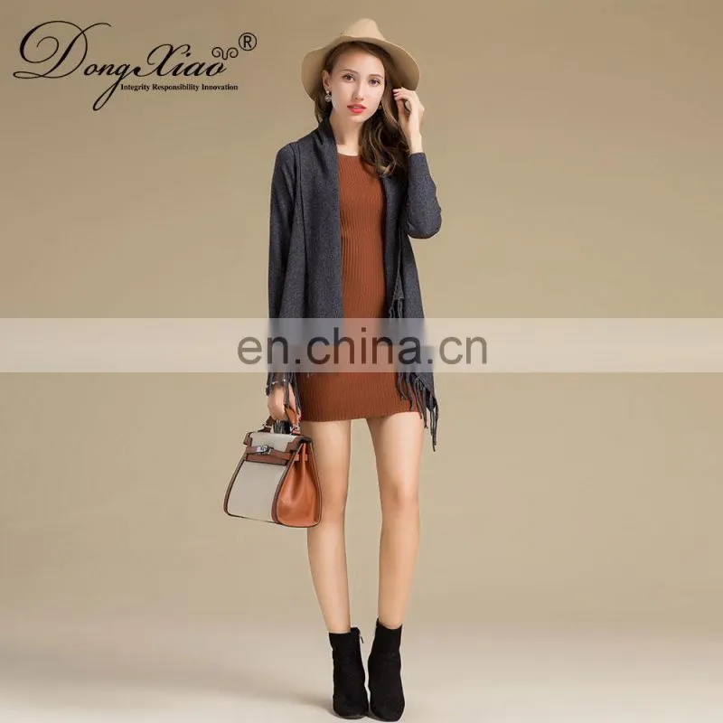 Latest Design Ladies Poncho with Tassel Solid Color Long Sleeves Cashmere Knitted Sweater for Autumn Short Length with Logo Back