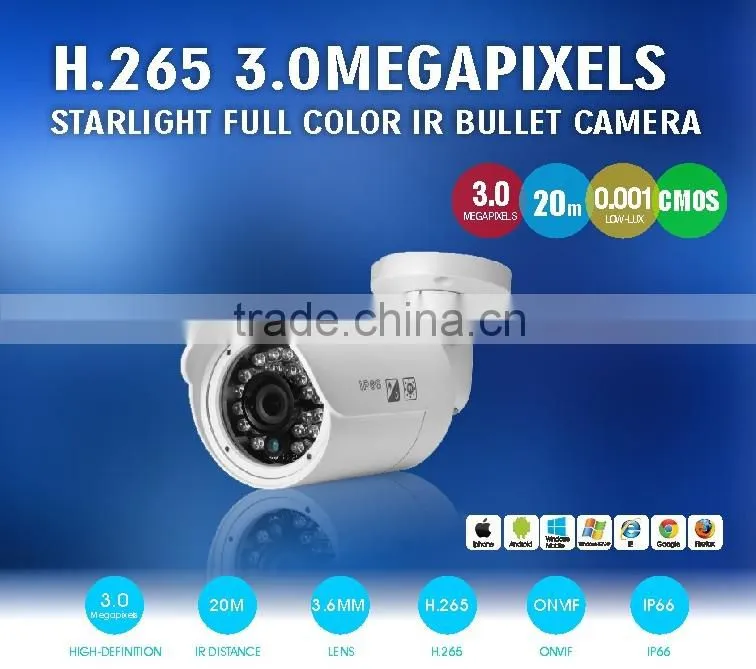 H.265 3.0MP 0.01LUX Starlight Full Color Bullet IP Camera Hi3516D Sony 124 CMOS Low-Lux Matel Bullet IR Camera