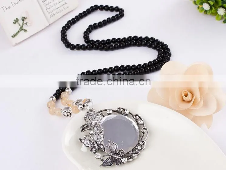 Fashion Jewelry Circle Shaped Crystal Pendant Necklace Beads Chain Long Necklace