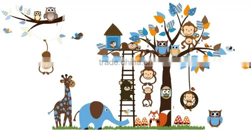 2016 Large Size Kids Cartoon Monkey Giraffe Owl Bird Wall Stickers