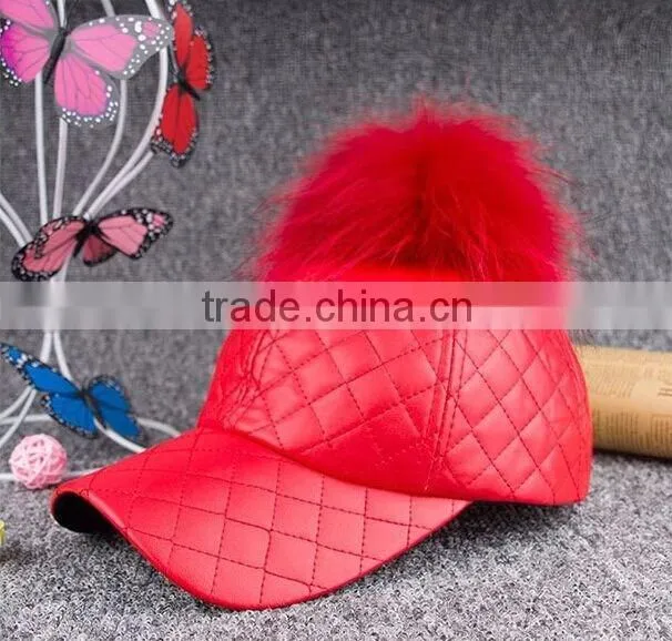 Fashion genuine raccoon fur pompom hat New PU leather baseball snapback cap Unisex woman man hat with real raccoon fur balls