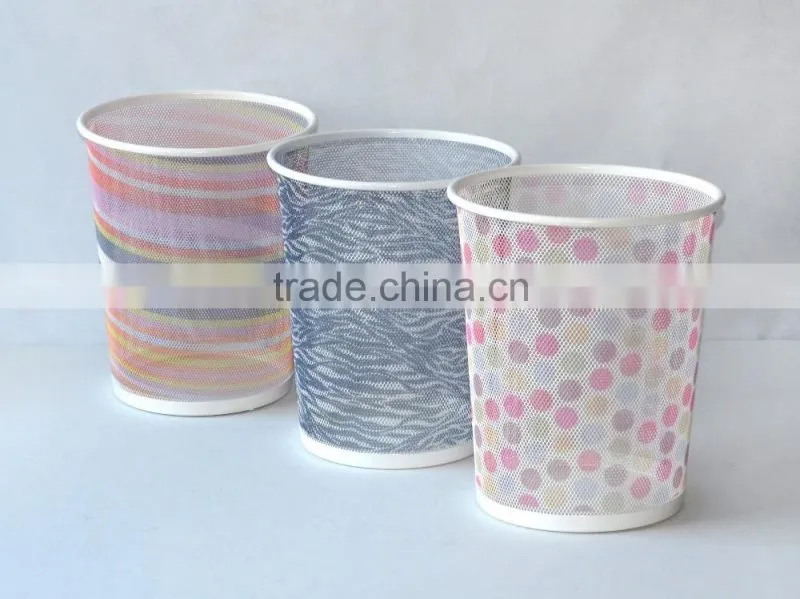 Office Stationery Metal Mesh Round waste bin colorful printed pattern Trash Can