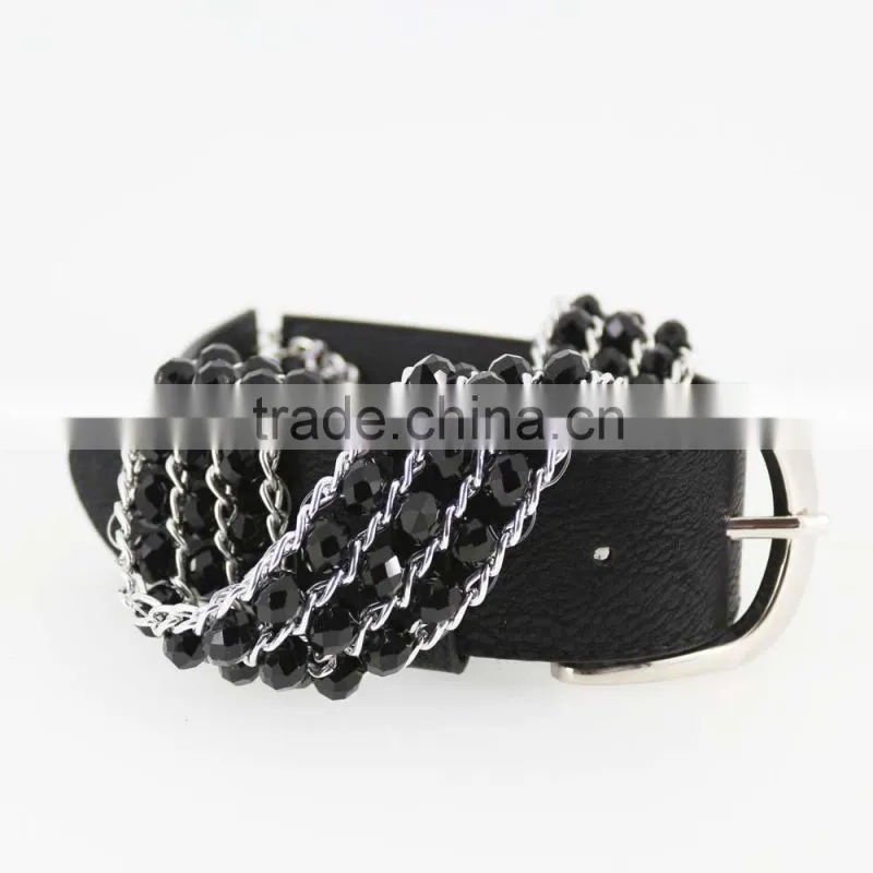 2015 fashion dress PU belt with hematite plastic beans accessories in yiwu