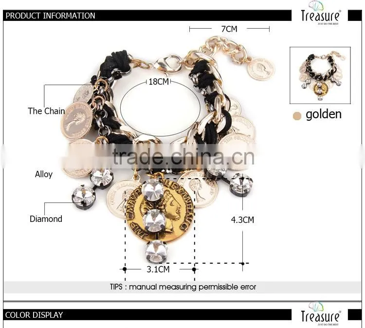 Handmade gold plating alloy cion shape charm bracelet jewelry for women wholesale 2016