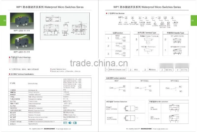 WP1-2S1 IP 65 IP67 waterproof micro switch for oven, BAOKEZHEN brand