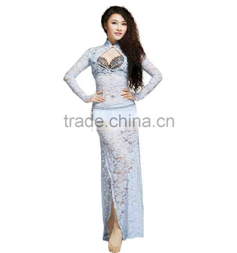 Wuchieal High Elastic Lace Belly Dance Practice Dress Bellydancing Costume with Long Sleeves