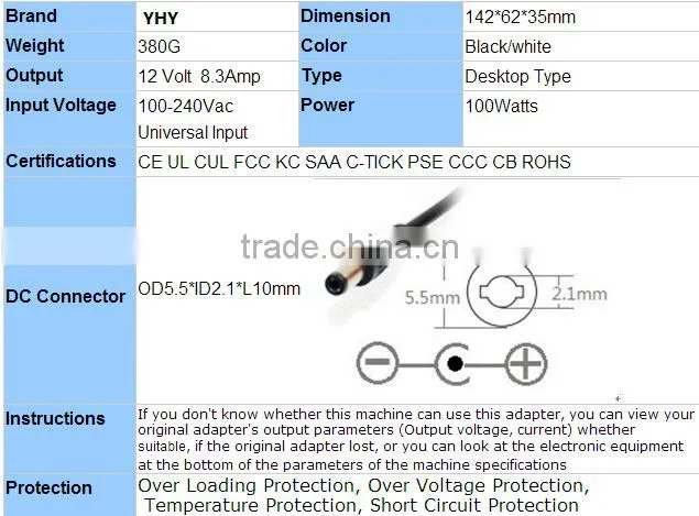 100W Switching power supply 100-240Vac universal AC-DC adapter 12V 8.3A charger for security IP camera