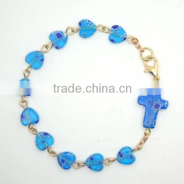 8mm heart-shaped glass bead bracelet, cross,high quality lobster clasps,Nine son needle