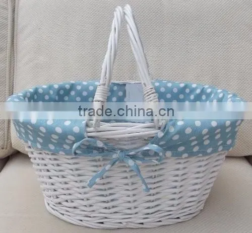 White Lined Wicker Basket with handles Blue Gingham toy storage or shopping and gardening
