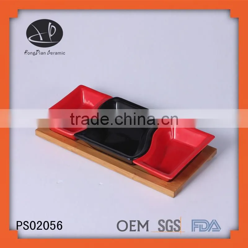 ceramic serving plate set with bamboo base,colored glaze plate