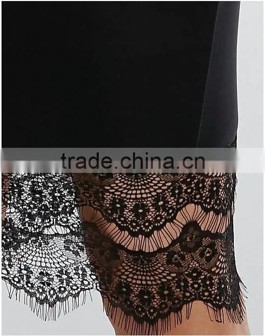Lace Trim Black Cami Midi Dress Sexy Slim Spaghetti Strap Tight One-piece