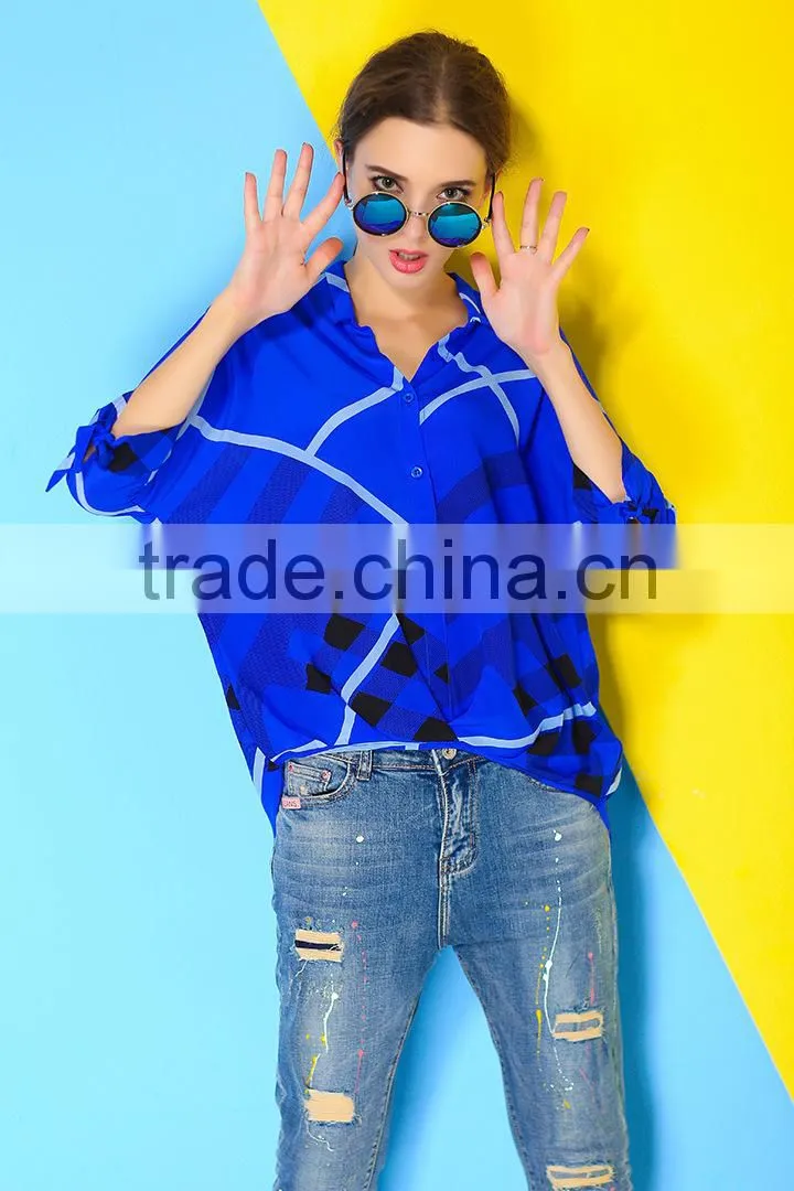 Two color 3/4 sleeve fashion design 2015 new design chiffon ladies blouse