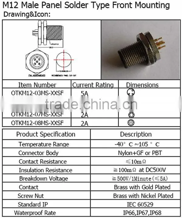 M12 Male panel solder type front mounting Waterproof Connector