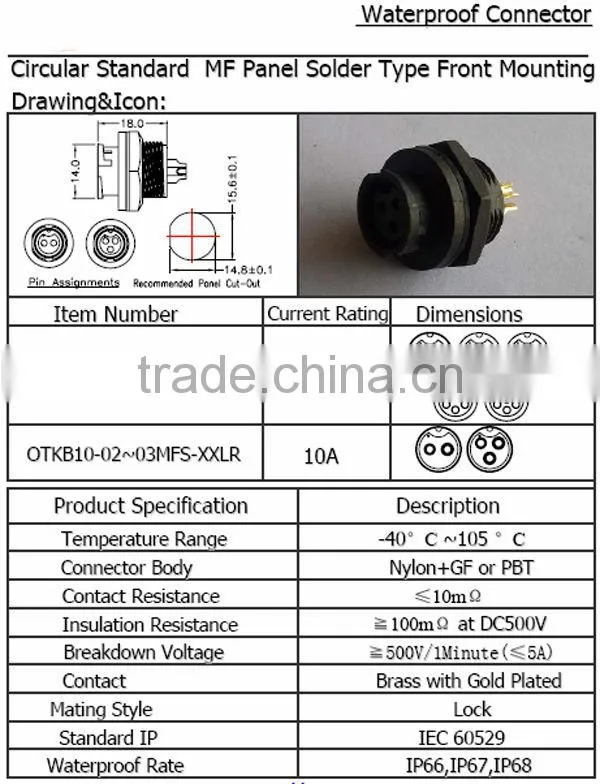 Circular standard MF panel solder type front mounting Waterproof Connector