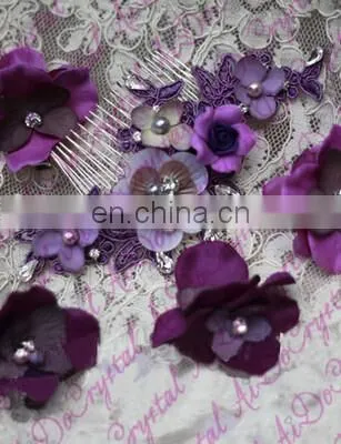 Aidocrystal purple classic lace with crystal flower of hair comb, wedding party bridal hair accessories