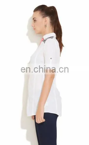 Adult Women's Fashion Lace Work at Shoulder Collar neck Front Button Style High Quality Semi Sexy Sheer Sleeve Tops lady Blouse