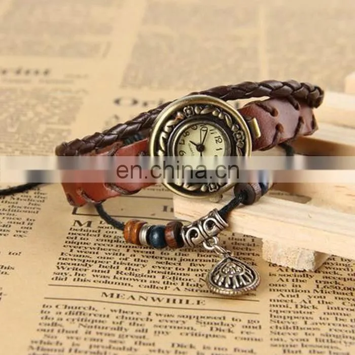 Best price hot selling pocket genuine charm retro luxury women vintage leather watch