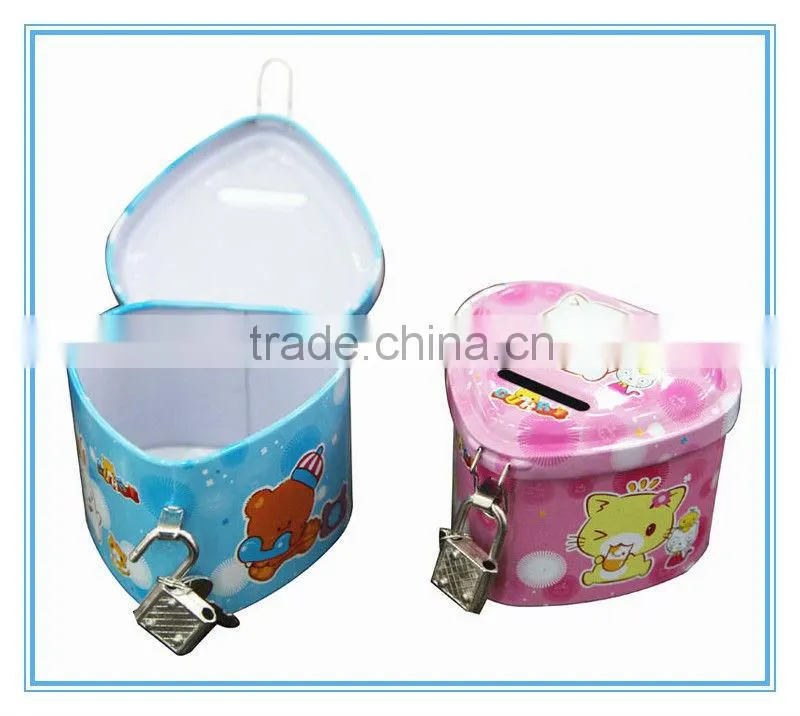 Cute metal money tin box with lock and key