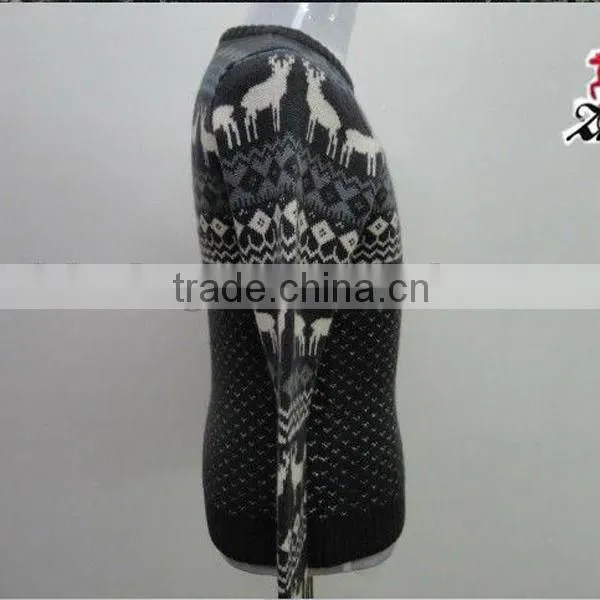 MEN FASHIONABLE CREW NECK PULLOVER CASHMERE KNITTING SPLICE DEER PATTERN FASHION BLACK SWEATER