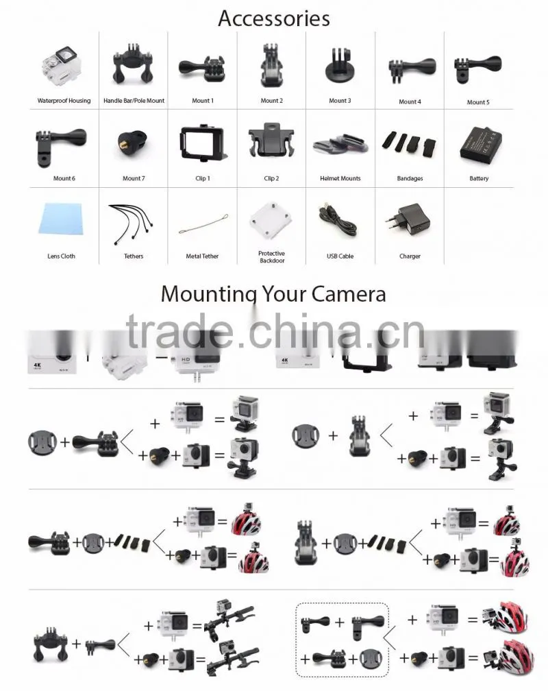2016 hot sale Ultra HD 4K Sport Camera170 Degree Wide Angle Sports Action Camera with 2-inch Screen 1080p 60fps and wifi