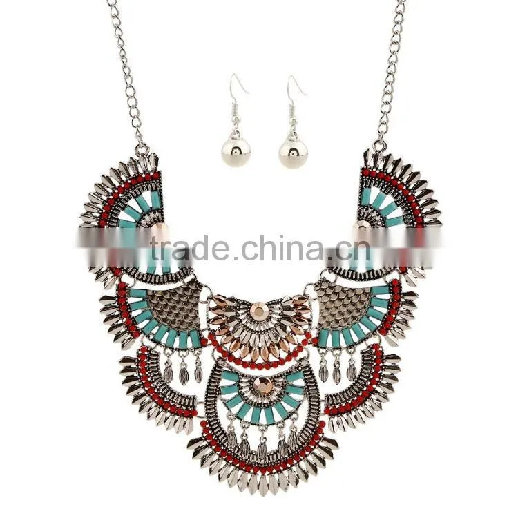 2016 Hot Sale Personality Silver Plated Geometric Pendant Multilayer Tassel Big Jewelry Set