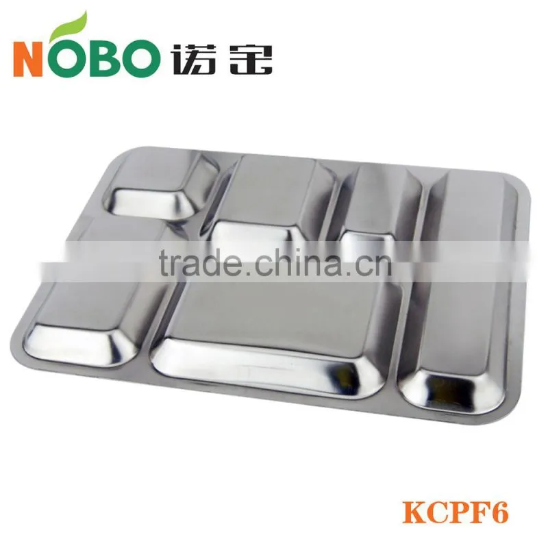 Stainless steel hospital food tray with six compartments