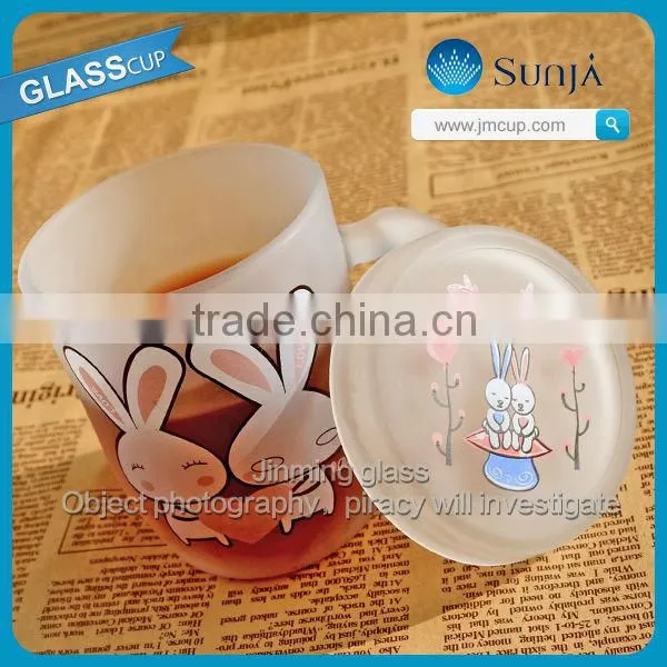 Whilte big rabbit animal lovely glass tea cups with lid for the office workers especially girls