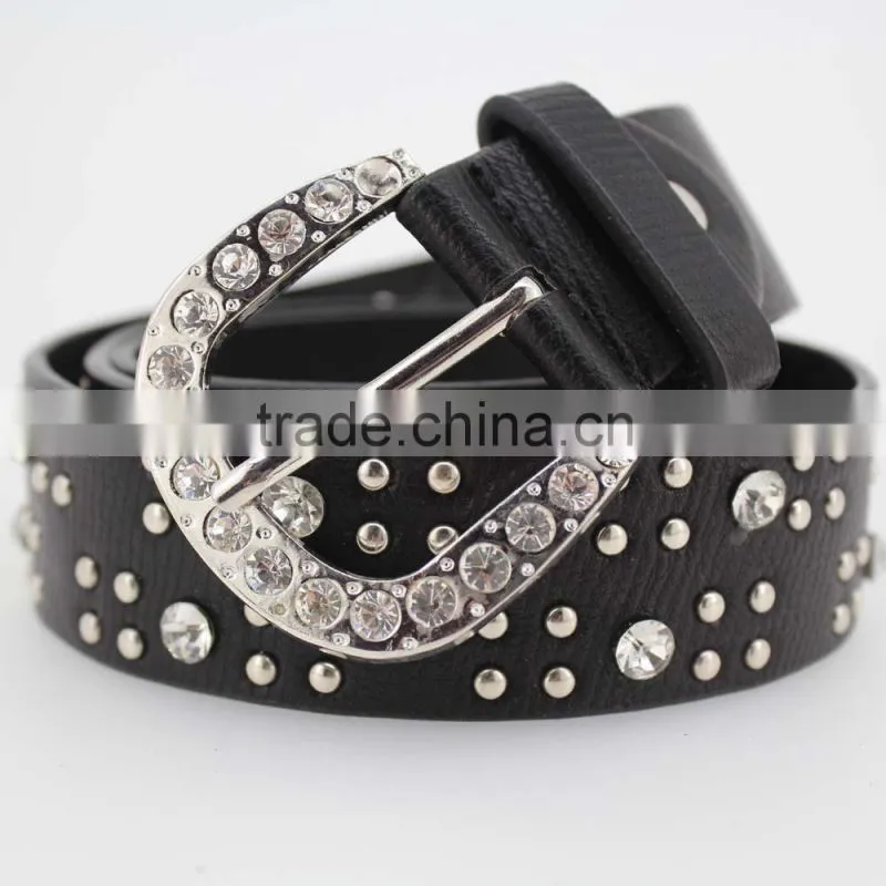 Women's classical metal and rhinestone studded 33Mm belt leather with shiny rhinestone buckle
