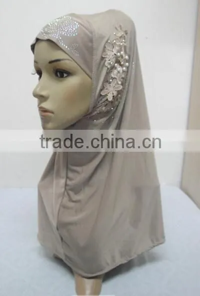 H299 latest one piece instant hijab with lace and rhinestones,muslim scarf