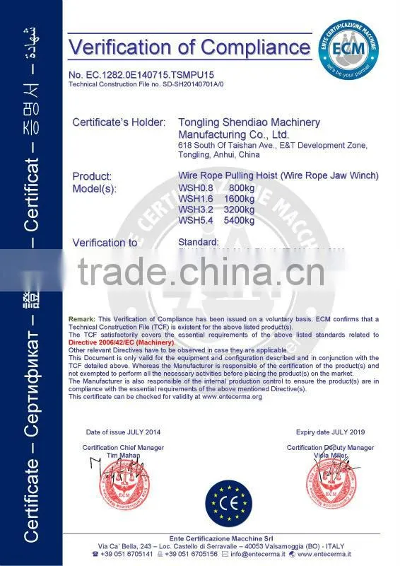 5.4 ton wire rope pulling hoist ce