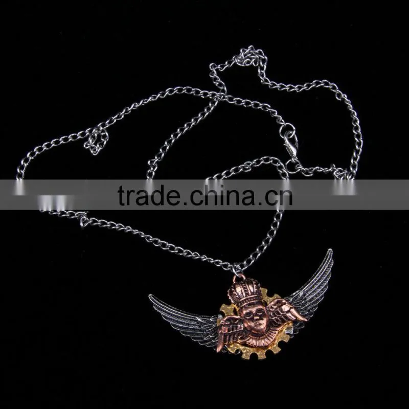 2015 yiwu fashion imitation jewelry hot sale new arrive steampunk gear angel wings pendant statement necklace key chain