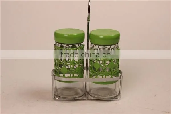 Set of 2 round glass spice jar glass condiment jar with metal shelf