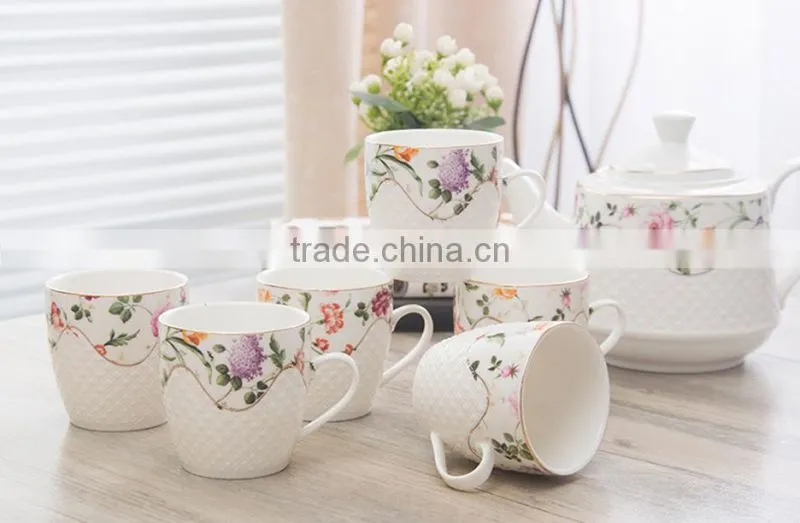Pure white embossed grace porcelain 15pcs arabian tea set, vintage ceramic arabic teapot gift tea set