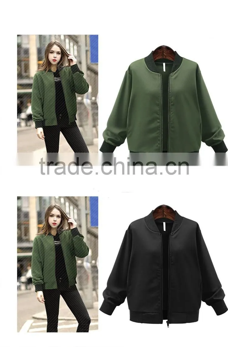 Autumn Women Plus-size Clothing Solid Color Stand Collar Zipper Loose Straight Jacket Female Casual Baseball Uniform Coat Jacket