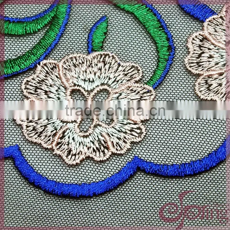 Colorful flower embroidered tulle lace fabric, elegant shining poly mesh embroidered fabric