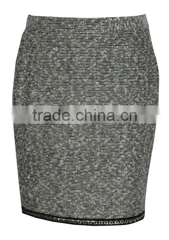 fashion clothing manufacturer yarn dyed tight fitting hem beaded center back vent buttoned back girls sexy short skirt