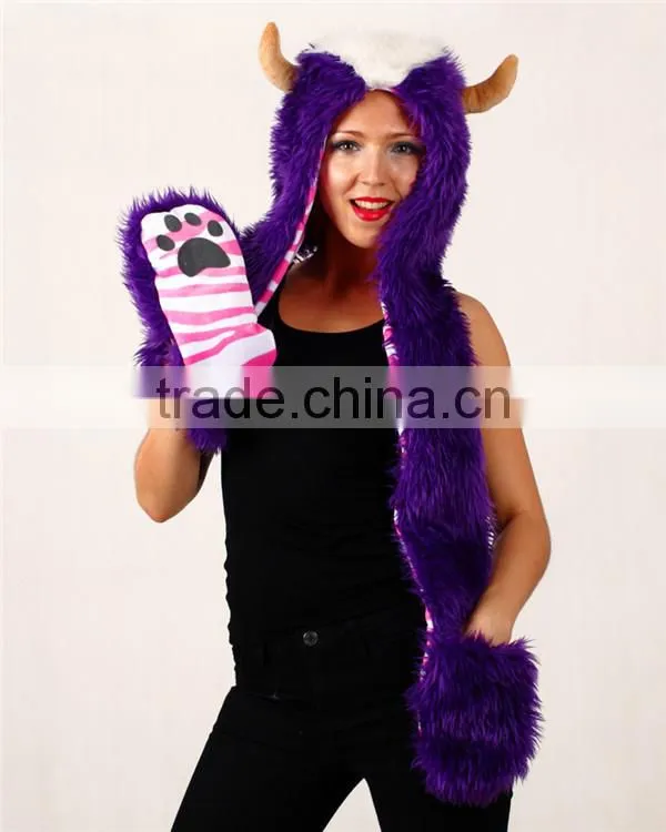 Faux fur adult beanies plush animal head hat scarf glove