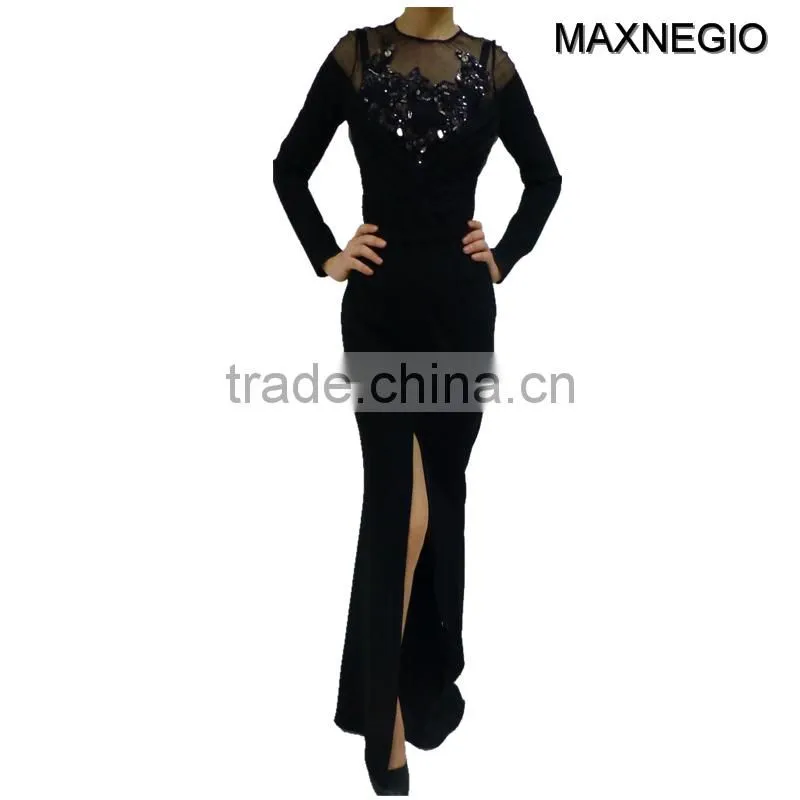 Wholesale black long sleeve heavy beaded evening dresses