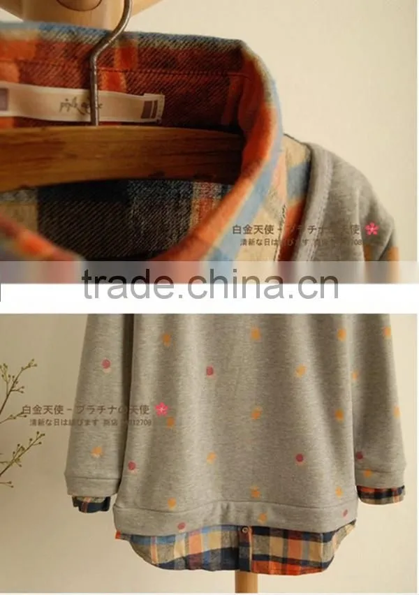 Spring and autumn lovely printed fake 2pcs long sleeve blouse designs fashion women plaid shirt