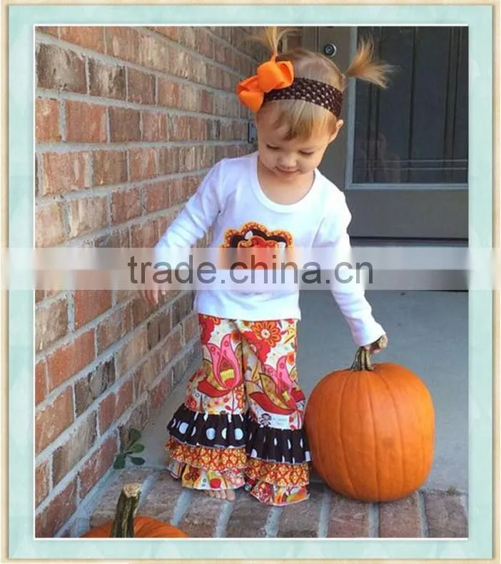 Wholesale boutique baby girl Thanksgiving Applique Turkey with triple ruffle Pants White Long Sleeve Shirt clothing